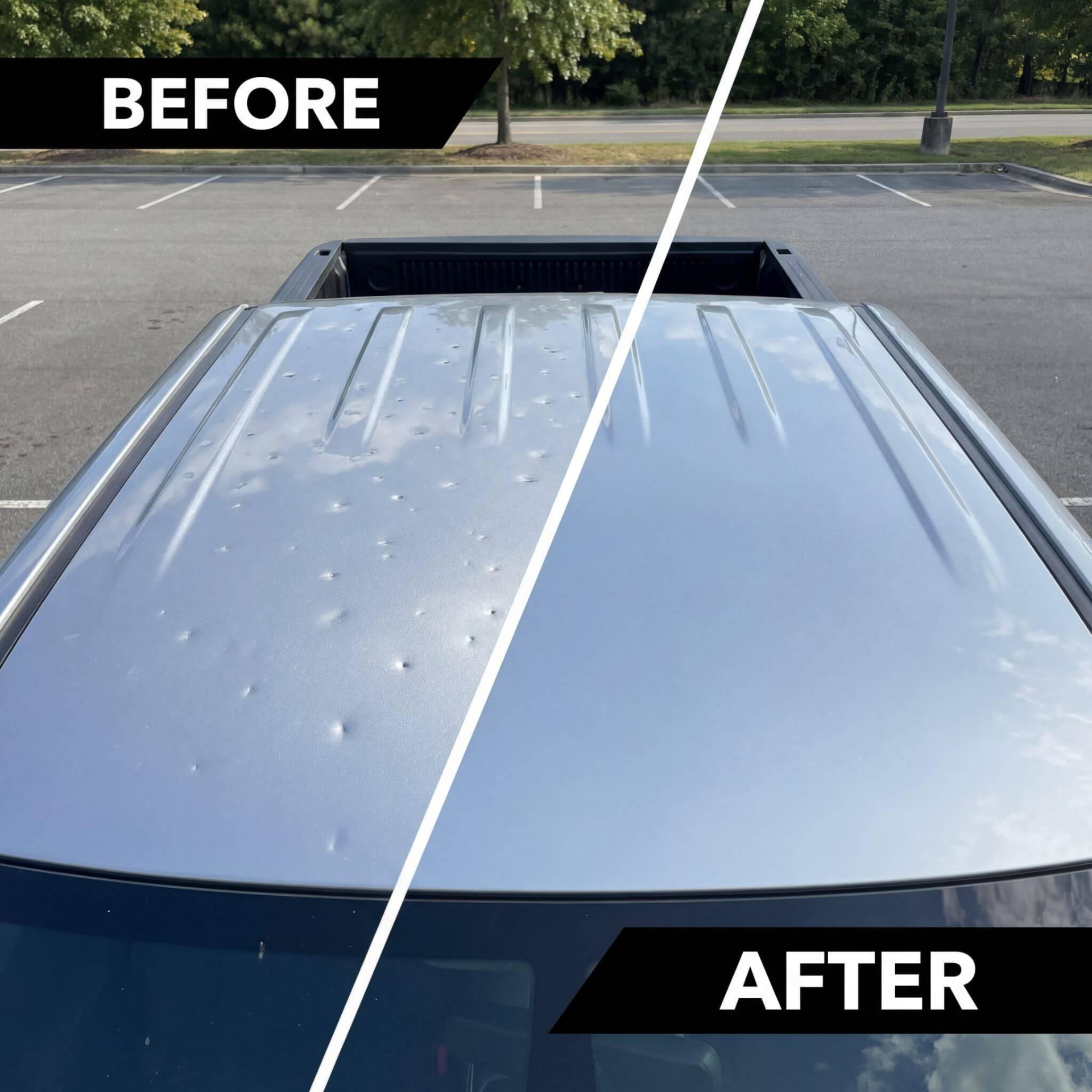 Multiple visible hail dents across a silver vehicle hood before paintless hail damage repair in Denver